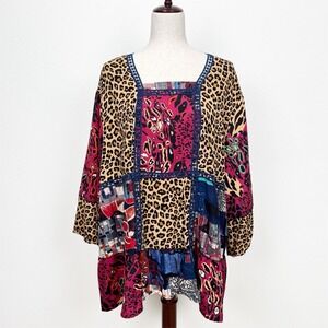 Calessa Top Womens 2X Plus Burgundy Leopard Patchwork Colorful Artsy Tunic Boho